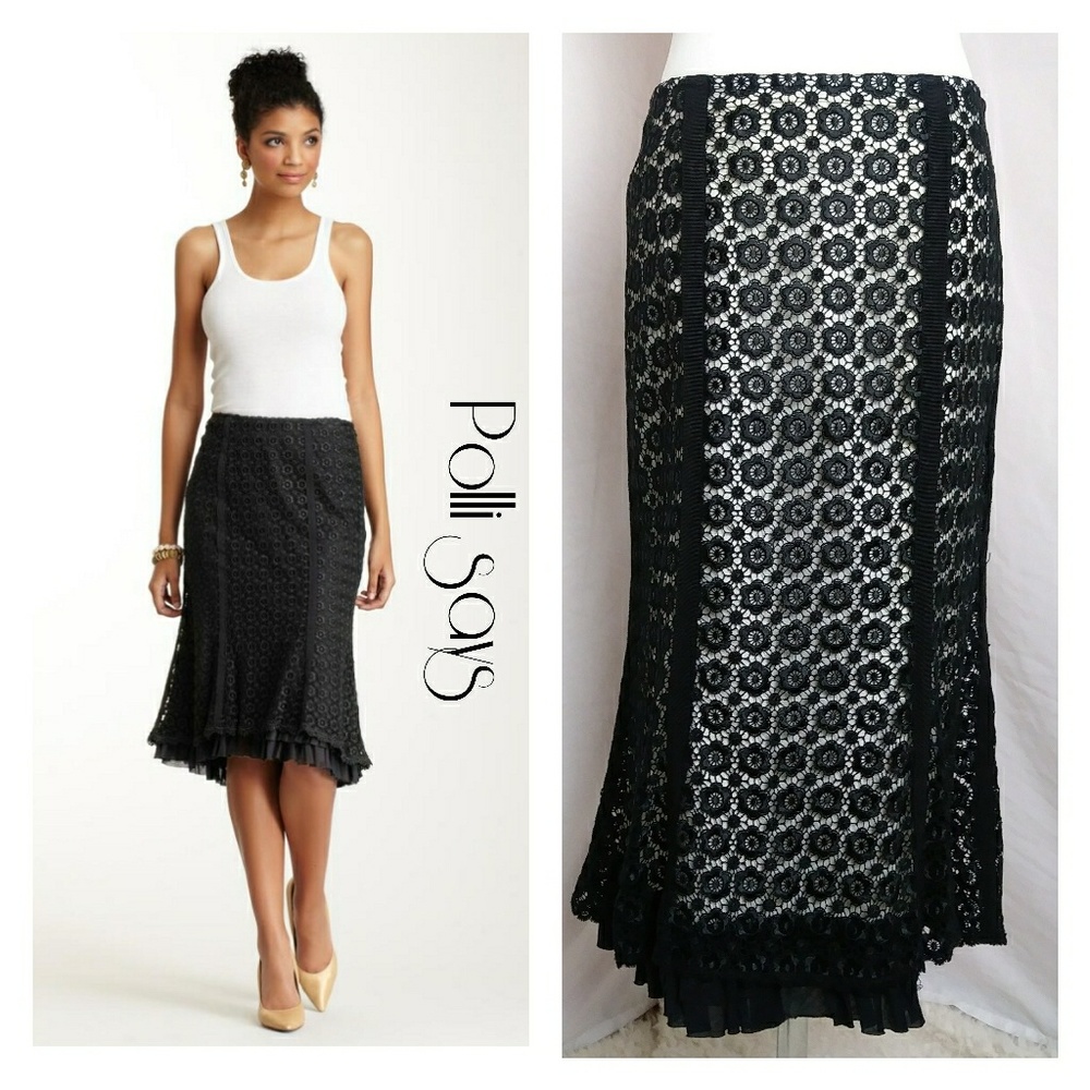 Polli says midi lace black‎ nude skirt 4 ruffle